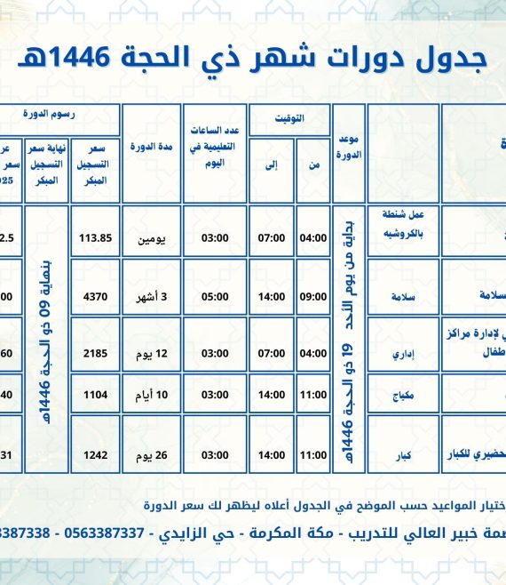 جدول دورات شهر ذي الحجة 1446هـ 1