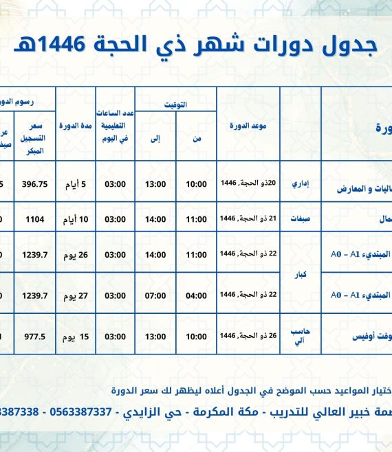 جدول دورات شهر ذي الحجة 1446هـ 2