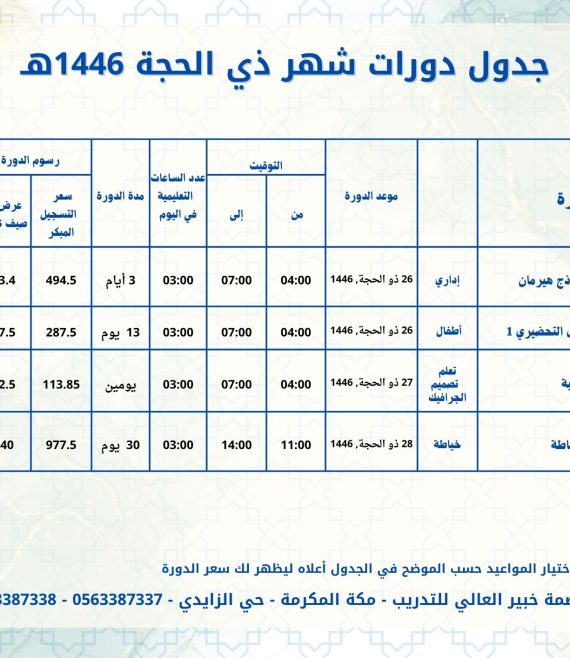 جدول دورات شهر ذي الحجة 1446هـ 3